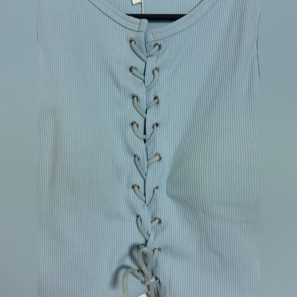 Blue Ribbed Tie Front Crop Top - Picture 2 of 7
